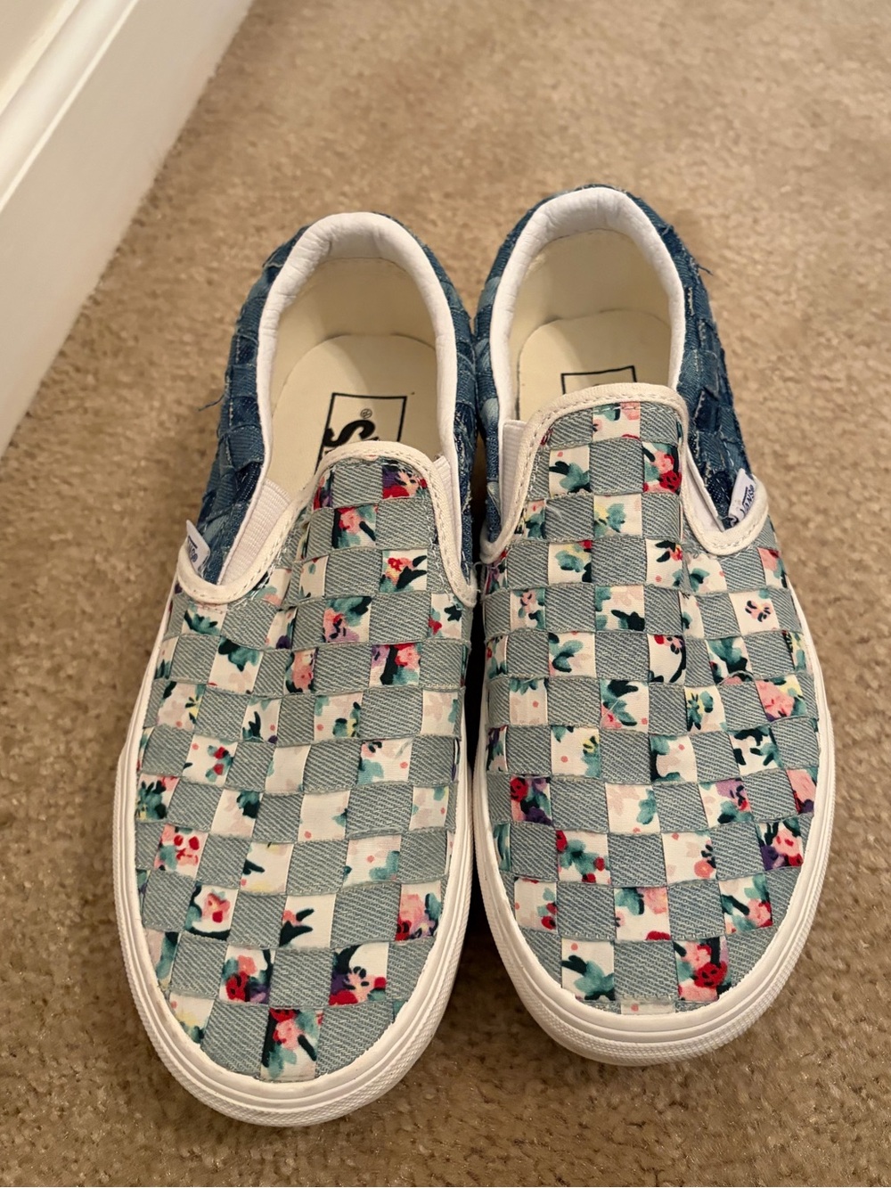 Vans Floral Patchwork Checker Slip-On Shoes - Blue & White